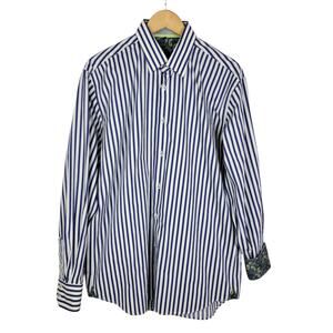 Visconti Black Blue and White Striped Long Sleeve Button Down L